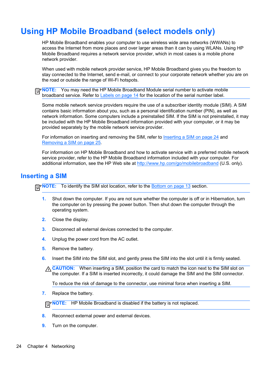 Using hp mobile broadband (select models only), Inserting a sim | HP Pavilion dm1-4171nr Entertainment Notebook PC User Manual | Page 34 / 109