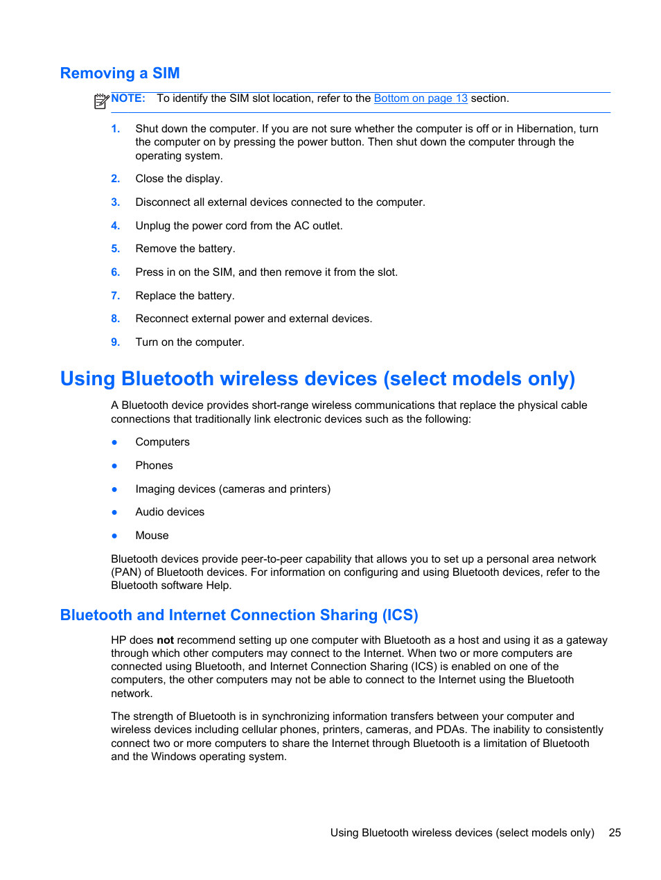 Removing a sim, Bluetooth and internet connection sharing (ics) | HP Pavilion dm1-4171nr Entertainment Notebook PC User Manual | Page 35 / 109