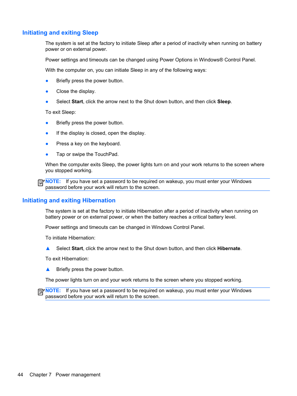 Initiating and exiting sleep, Initiating and exiting hibernation | HP Pavilion dm1-4171nr Entertainment Notebook PC User Manual | Page 54 / 109