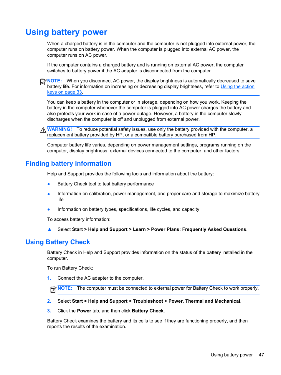 Using battery power, Finding battery information, Using battery check | Finding battery information using battery check | HP Pavilion dm1-4171nr Entertainment Notebook PC User Manual | Page 57 / 109