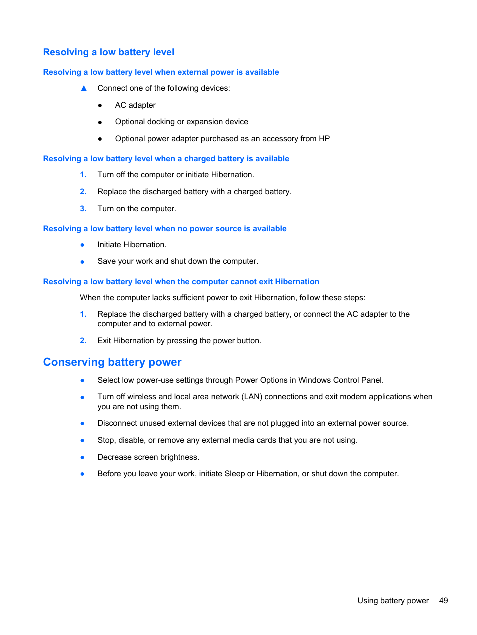 Resolving a low battery level, Conserving battery power | HP Pavilion dm1-4171nr Entertainment Notebook PC User Manual | Page 59 / 109