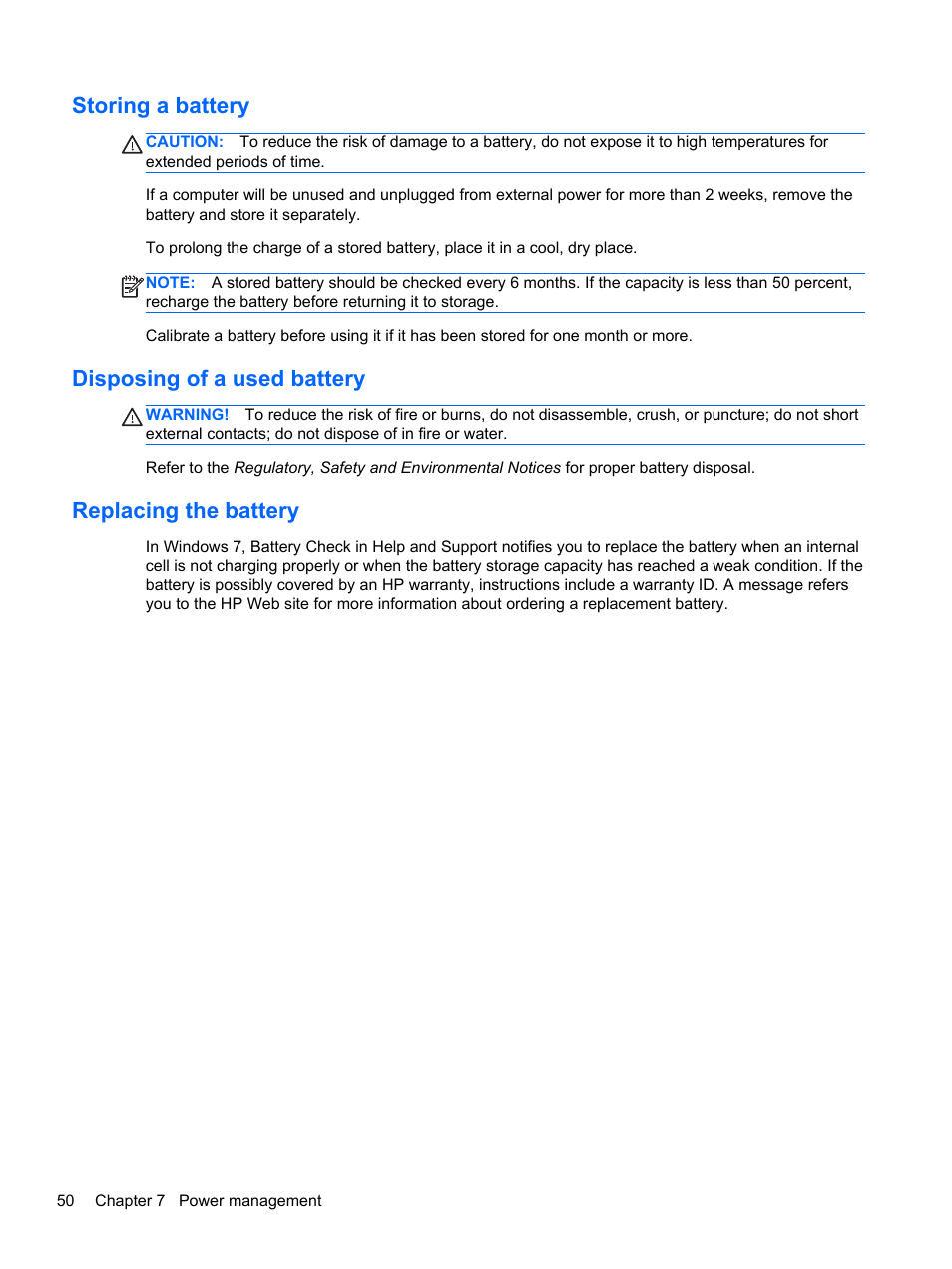 Storing a battery, Disposing of a used battery, Replacing the battery | HP Pavilion dm1-4171nr Entertainment Notebook PC User Manual | Page 60 / 109