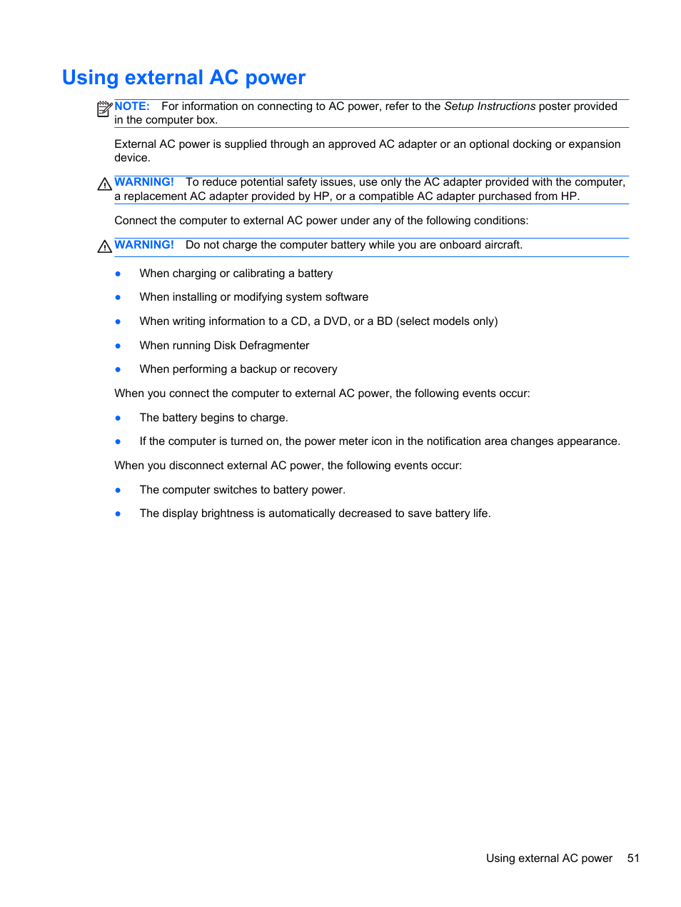 Using external ac power | HP Pavilion dm1-4171nr Entertainment Notebook PC User Manual | Page 61 / 109