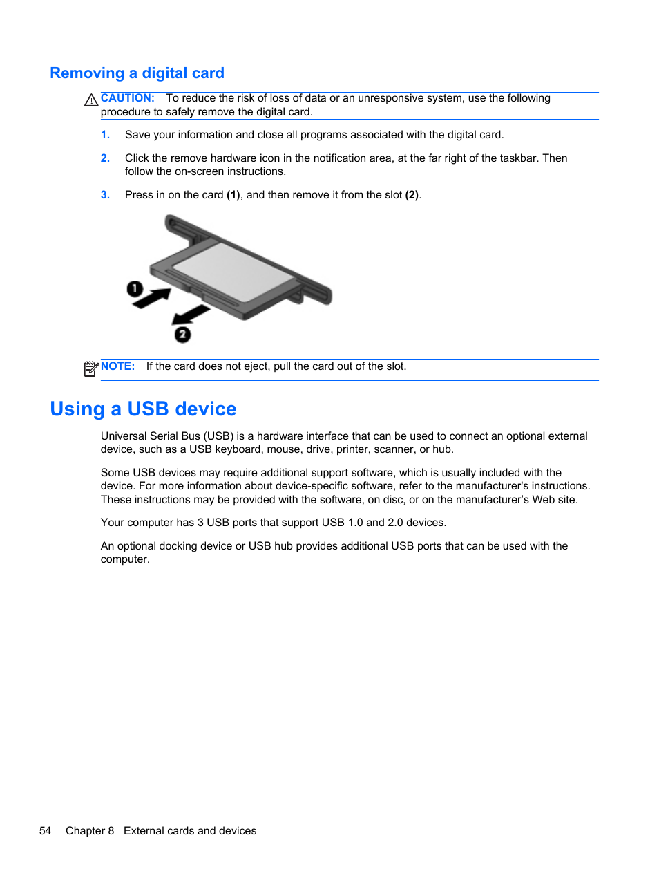 Removing a digital card, Using a usb device | HP Pavilion dm1-4171nr Entertainment Notebook PC User Manual | Page 64 / 109