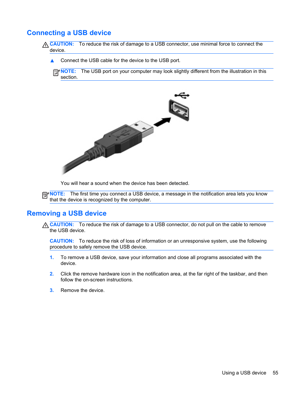 Connecting a usb device, Removing a usb device, Connecting a usb device removing a usb device | HP Pavilion dm1-4171nr Entertainment Notebook PC User Manual | Page 65 / 109
