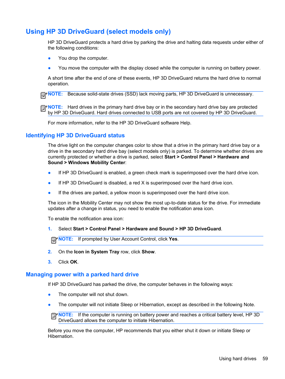 Using hp 3d driveguard (select models only), Identifying hp 3d driveguard status, Managing power with a parked hard drive | HP Pavilion dm1-4171nr Entertainment Notebook PC User Manual | Page 69 / 109