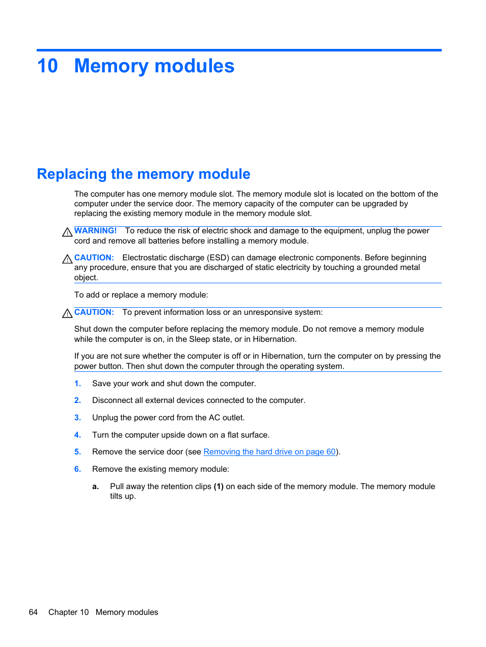 Memory modules, Replacing the memory module, 10 memory modules | HP Pavilion dm1-4171nr Entertainment Notebook PC User Manual | Page 74 / 109