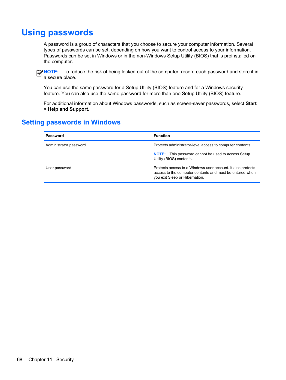 Using passwords, Setting passwords in windows | HP Pavilion dm1-4171nr Entertainment Notebook PC User Manual | Page 78 / 109