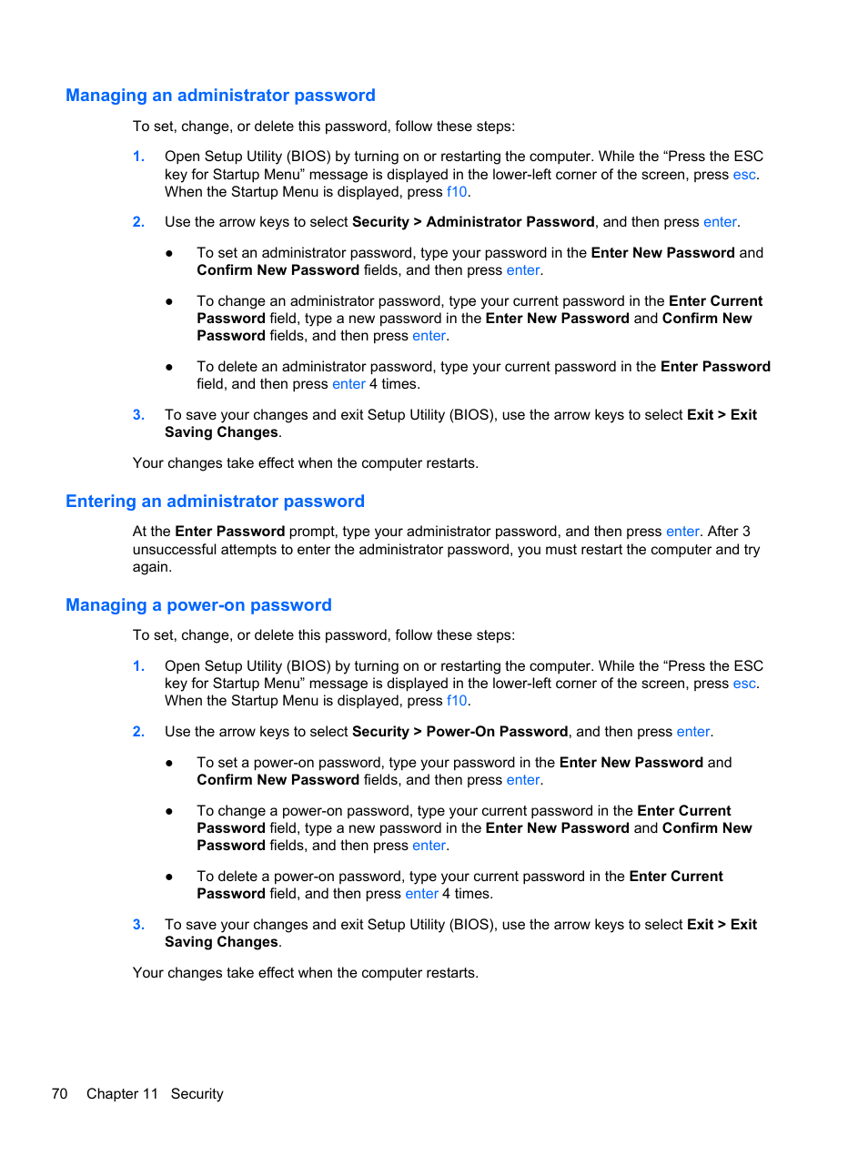 Managing an administrator password, Entering an administrator password, Managing a power-on password | HP Pavilion dm1-4171nr Entertainment Notebook PC User Manual | Page 80 / 109