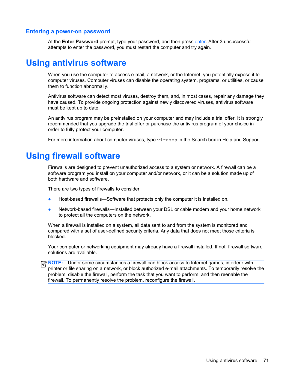 Entering a power-on password, Using antivirus software, Using firewall software | Using antivirus software using firewall software, Ion, refer to | HP Pavilion dm1-4171nr Entertainment Notebook PC User Manual | Page 81 / 109