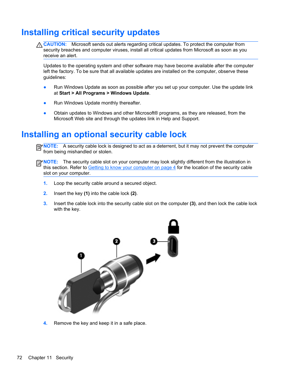 Installing critical security updates, Installing an optional security cable lock | HP Pavilion dm1-4171nr Entertainment Notebook PC User Manual | Page 82 / 109