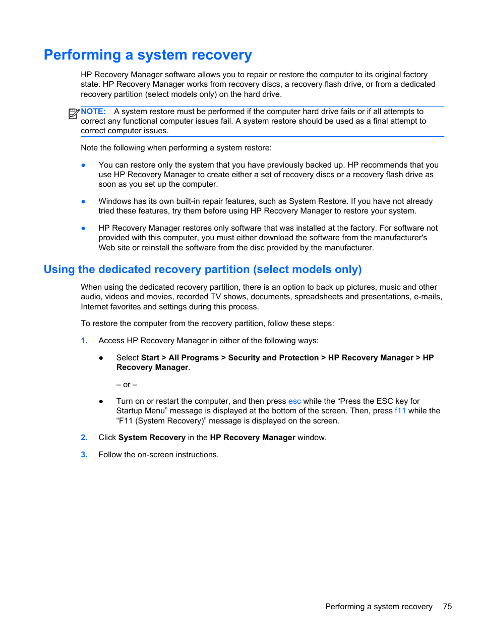 Performing a system recovery | HP Pavilion dm1-4171nr Entertainment Notebook PC User Manual | Page 85 / 109