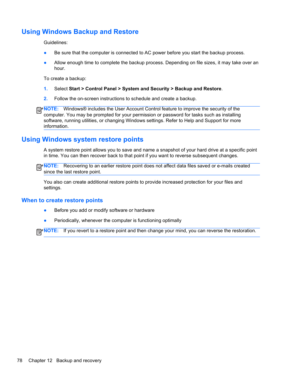 Using windows backup and restore, Using windows system restore points, When to create restore points | HP Pavilion dm1-4171nr Entertainment Notebook PC User Manual | Page 88 / 109