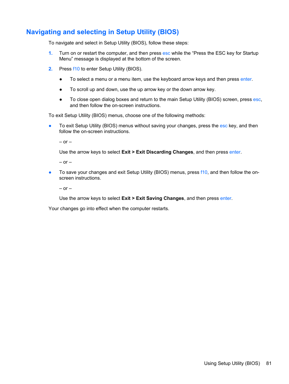 Navigating and selecting in setup utility (bios) | HP Pavilion dm1-4171nr Entertainment Notebook PC User Manual | Page 91 / 109