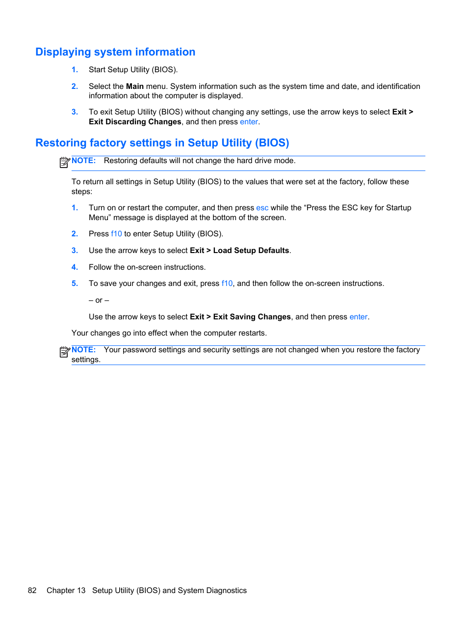 Displaying system information, Restoring factory settings in setup utility (bios) | HP Pavilion dm1-4171nr Entertainment Notebook PC User Manual | Page 92 / 109