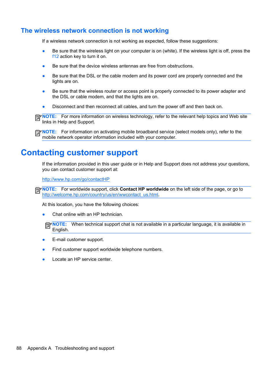 The wireless network connection is not working, Contacting customer support | HP Pavilion dm1-4171nr Entertainment Notebook PC User Manual | Page 98 / 109