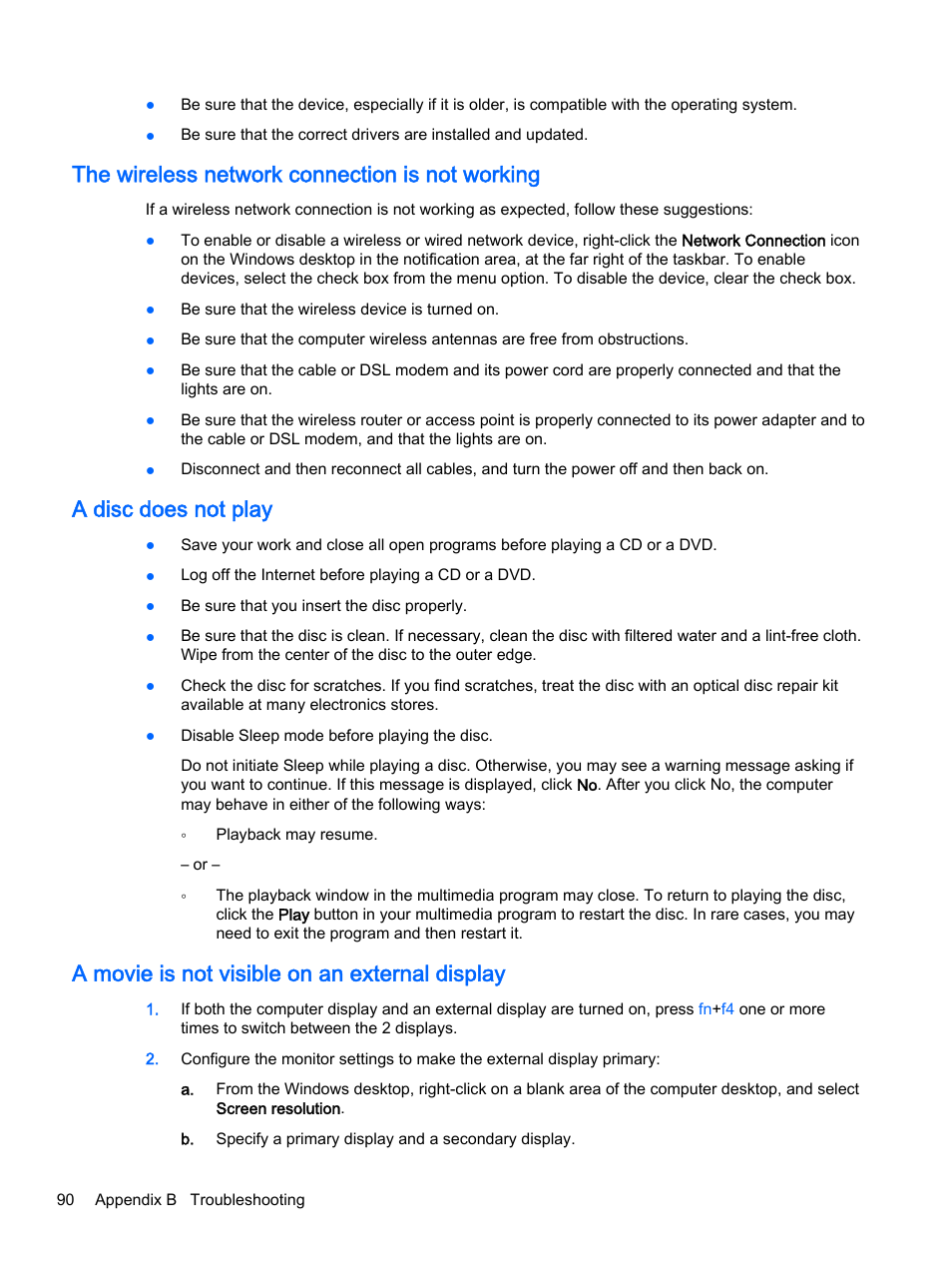 The wireless network connection is not working, A disc does not play, A movie is not visible on an external display | HP EliteBook 755 G2 Notebook PC User Manual | Page 100 / 106