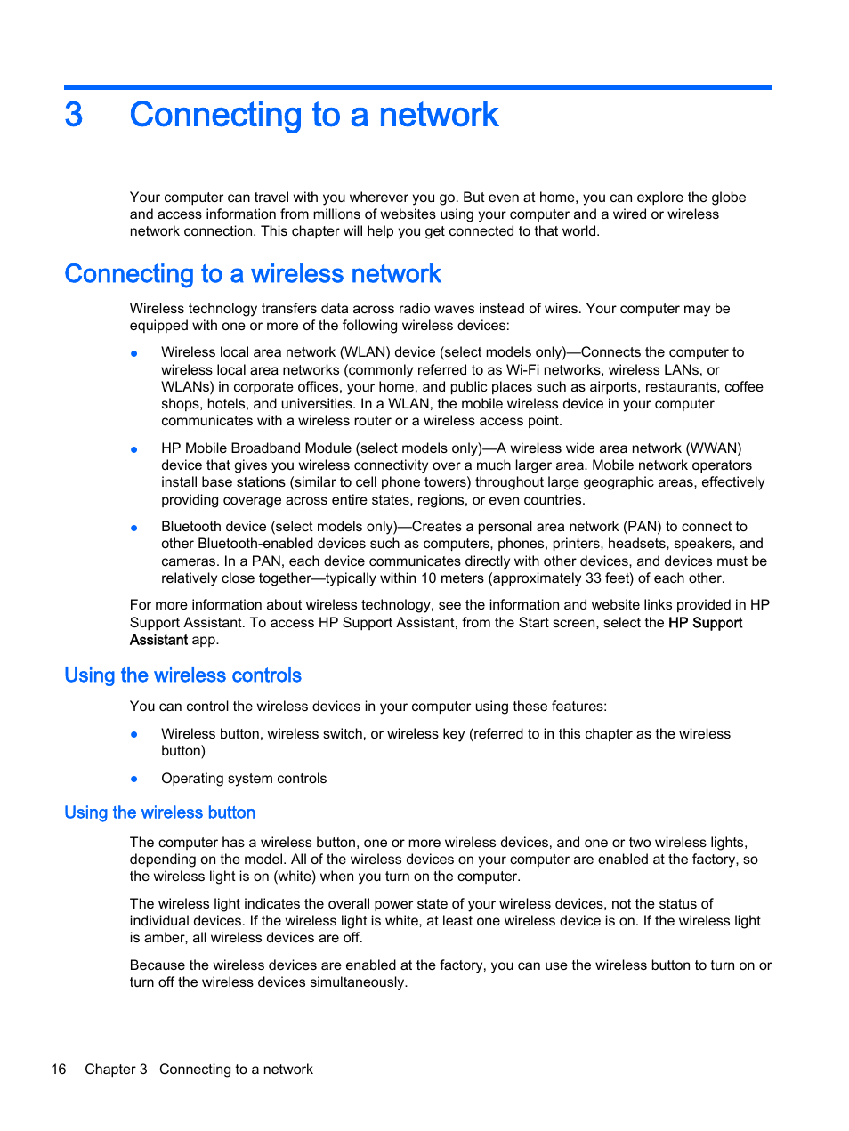 Connecting to a network, Connecting to a wireless network, Using the wireless controls | Using the wireless button, 3 connecting to a network, 3connecting to a network | HP EliteBook 755 G2 Notebook PC User Manual | Page 26 / 106