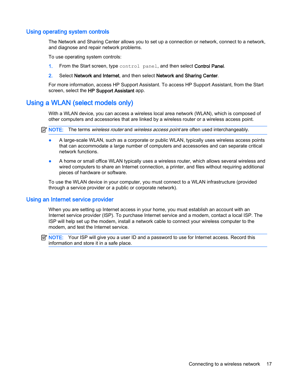 Using operating system controls, Using a wlan (select models only), Using an internet service provider | HP EliteBook 755 G2 Notebook PC User Manual | Page 27 / 106