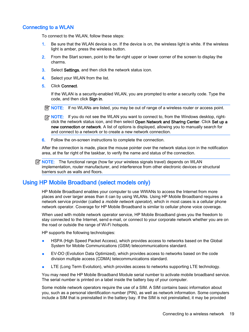 Connecting to a wlan, Using hp mobile broadband (select models only) | HP EliteBook 755 G2 Notebook PC User Manual | Page 29 / 106