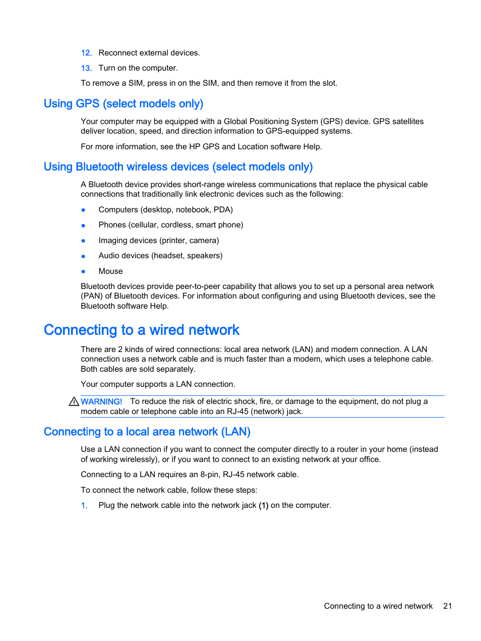 Using gps (select models only), Connecting to a wired network, Connecting to a local area network (lan) | HP EliteBook 755 G2 Notebook PC User Manual | Page 31 / 106