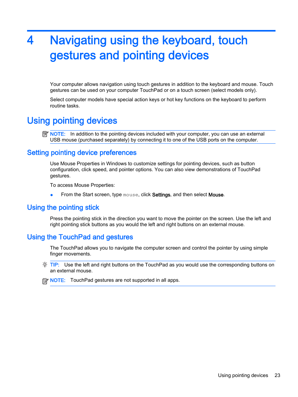 Using pointing devices, Setting pointing device preferences, Using the pointing stick | Using the touchpad and gestures, For additional information | HP EliteBook 755 G2 Notebook PC User Manual | Page 33 / 106