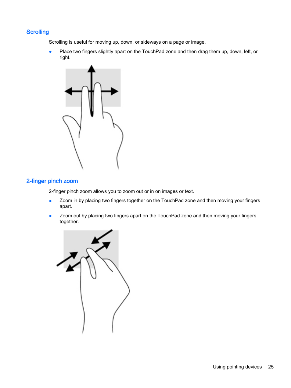 Scrolling, Finger pinch zoom, Scrolling 2-finger pinch zoom | HP EliteBook 755 G2 Notebook PC User Manual | Page 35 / 106
