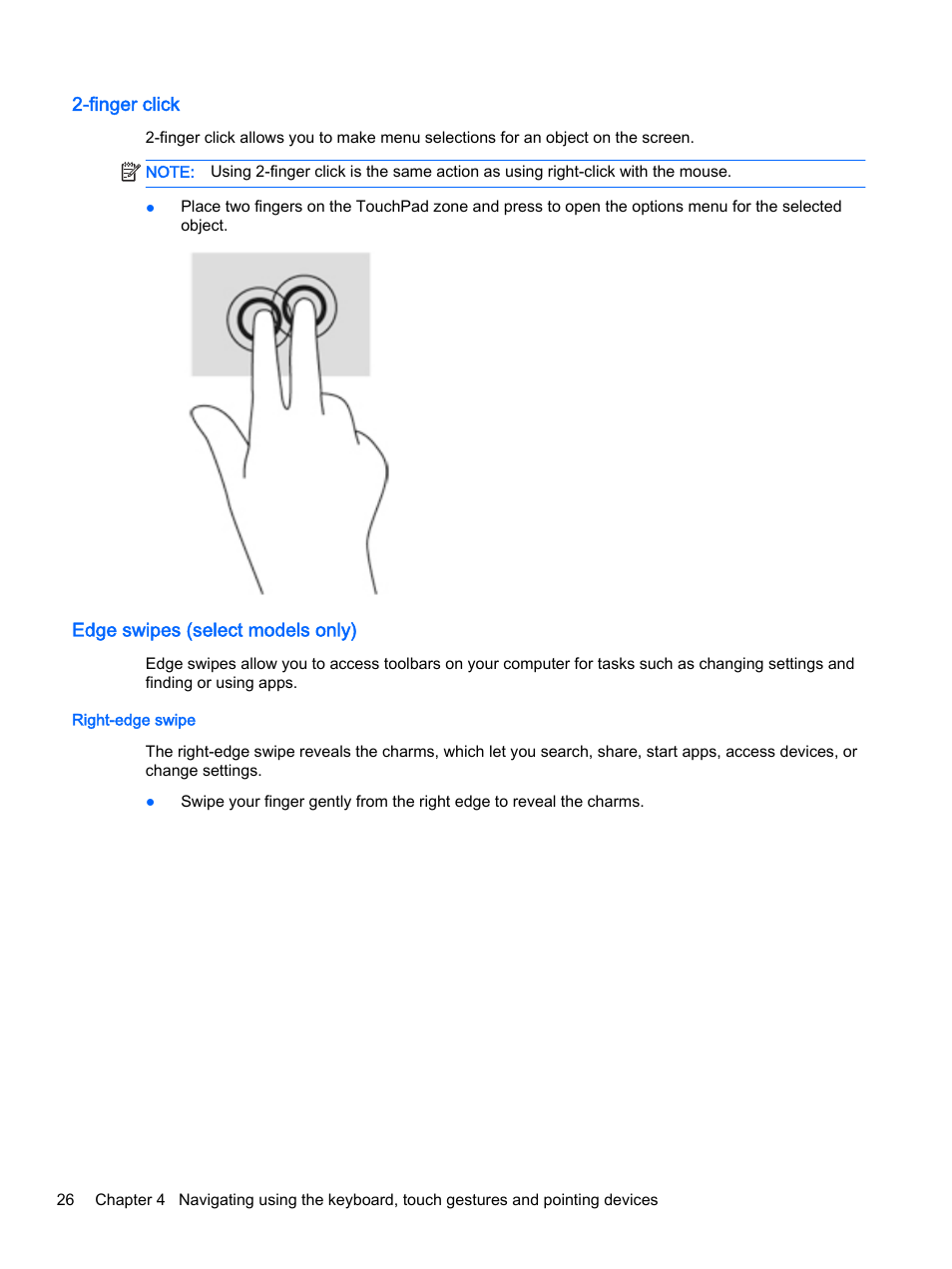 Finger click, Edge swipes (select models only), Right-edge swipe | Finger click edge swipes (select models only) | HP EliteBook 755 G2 Notebook PC User Manual | Page 36 / 106