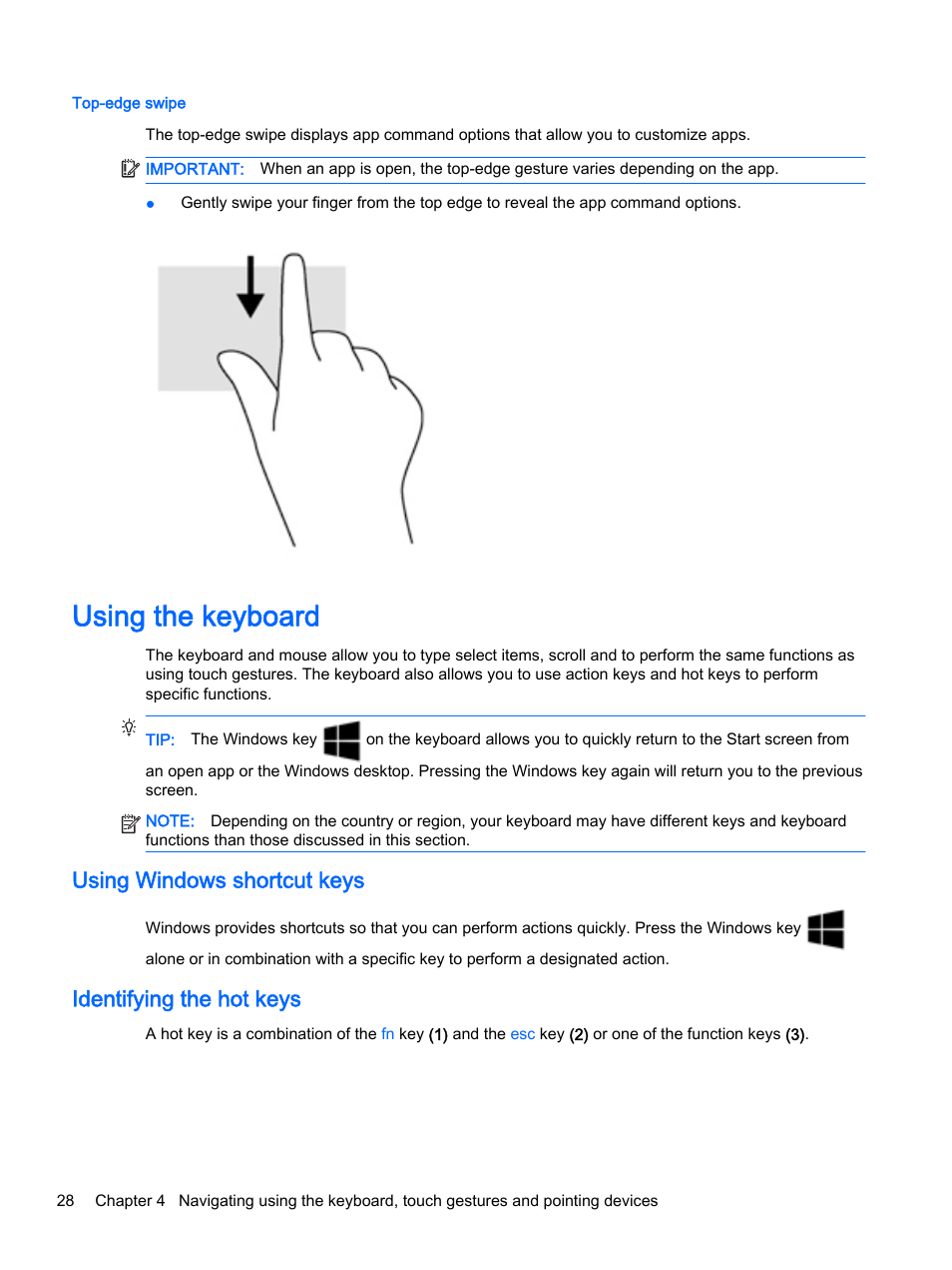Top-edge swipe, Using the keyboard, Using windows shortcut keys | Identifying the hot keys | HP EliteBook 755 G2 Notebook PC User Manual | Page 38 / 106