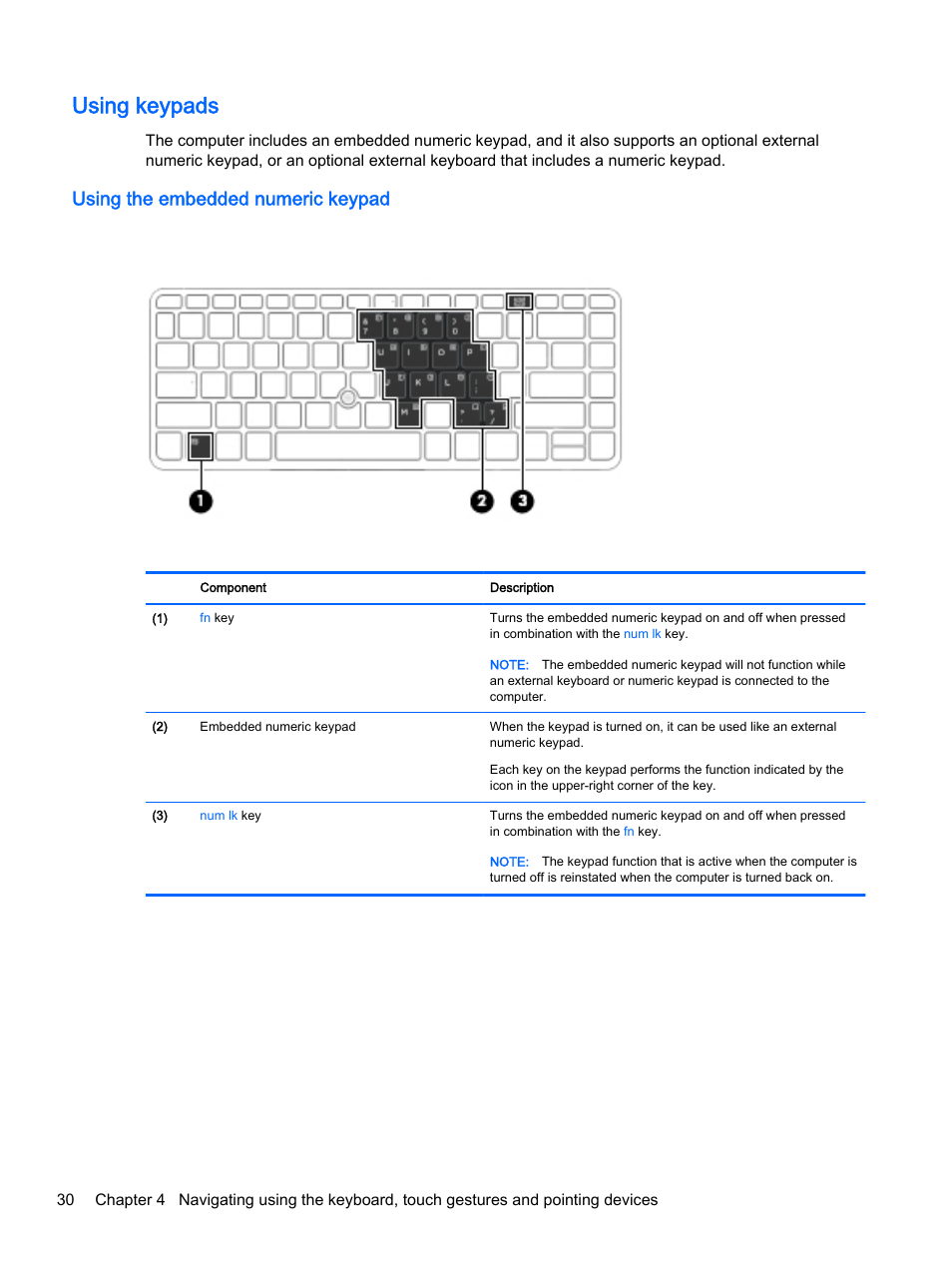 Using keypads, Using the embedded numeric keypad | HP EliteBook 755 G2 Notebook PC User Manual | Page 40 / 106