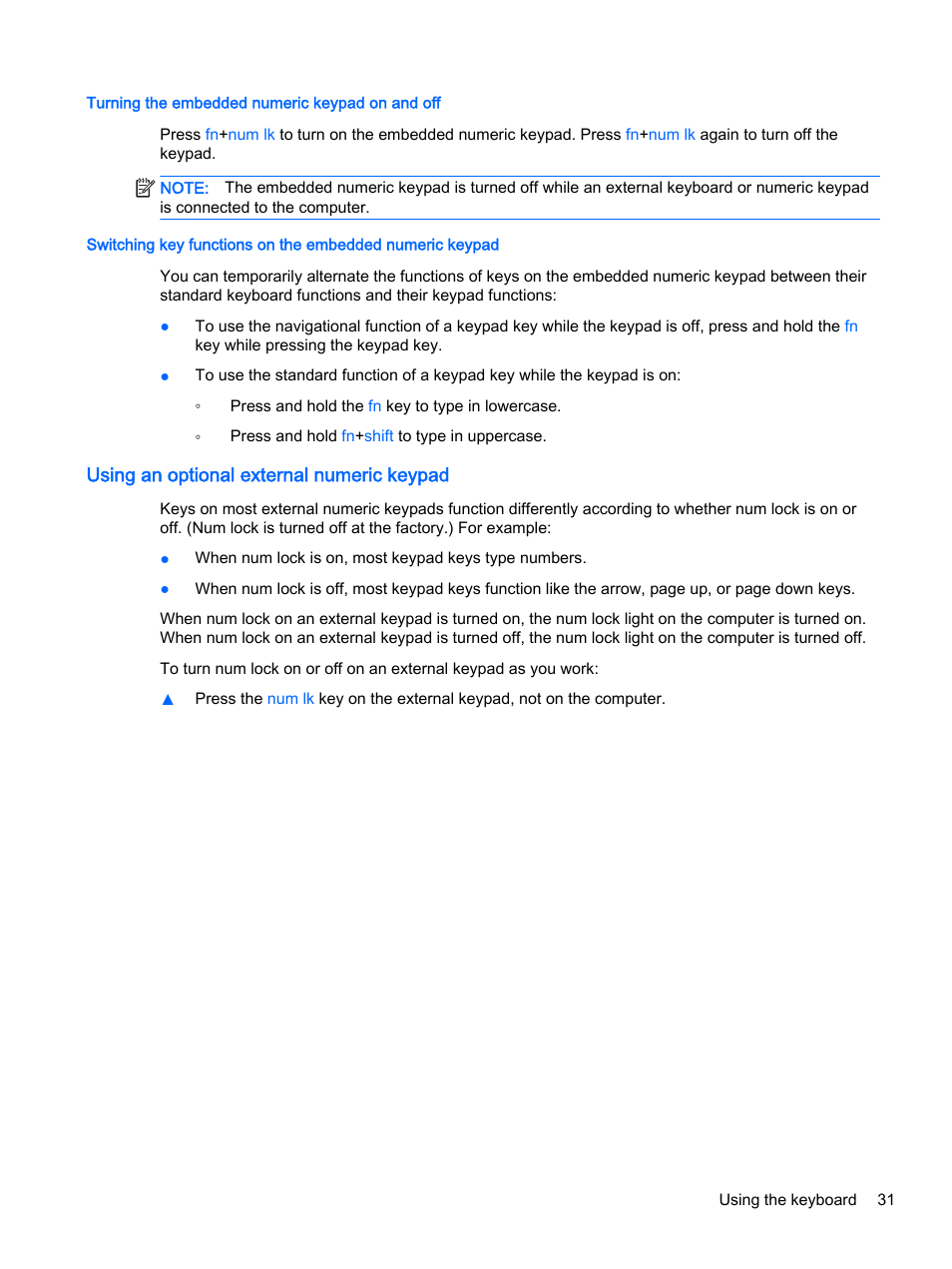 Turning the embedded numeric keypad on and off, Using an optional external numeric keypad | HP EliteBook 755 G2 Notebook PC User Manual | Page 41 / 106