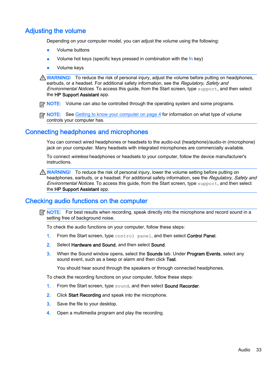 Adjusting the volume, Connecting headphones and microphones, Checking audio functions on the computer | HP EliteBook 755 G2 Notebook PC User Manual | Page 43 / 106
