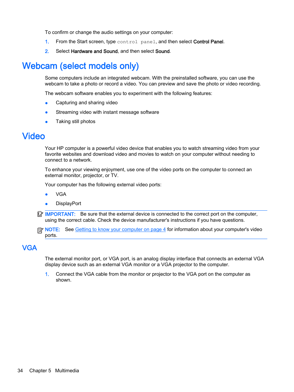 Webcam (select models only), Video, Webcam (select models only) video | HP EliteBook 755 G2 Notebook PC User Manual | Page 44 / 106