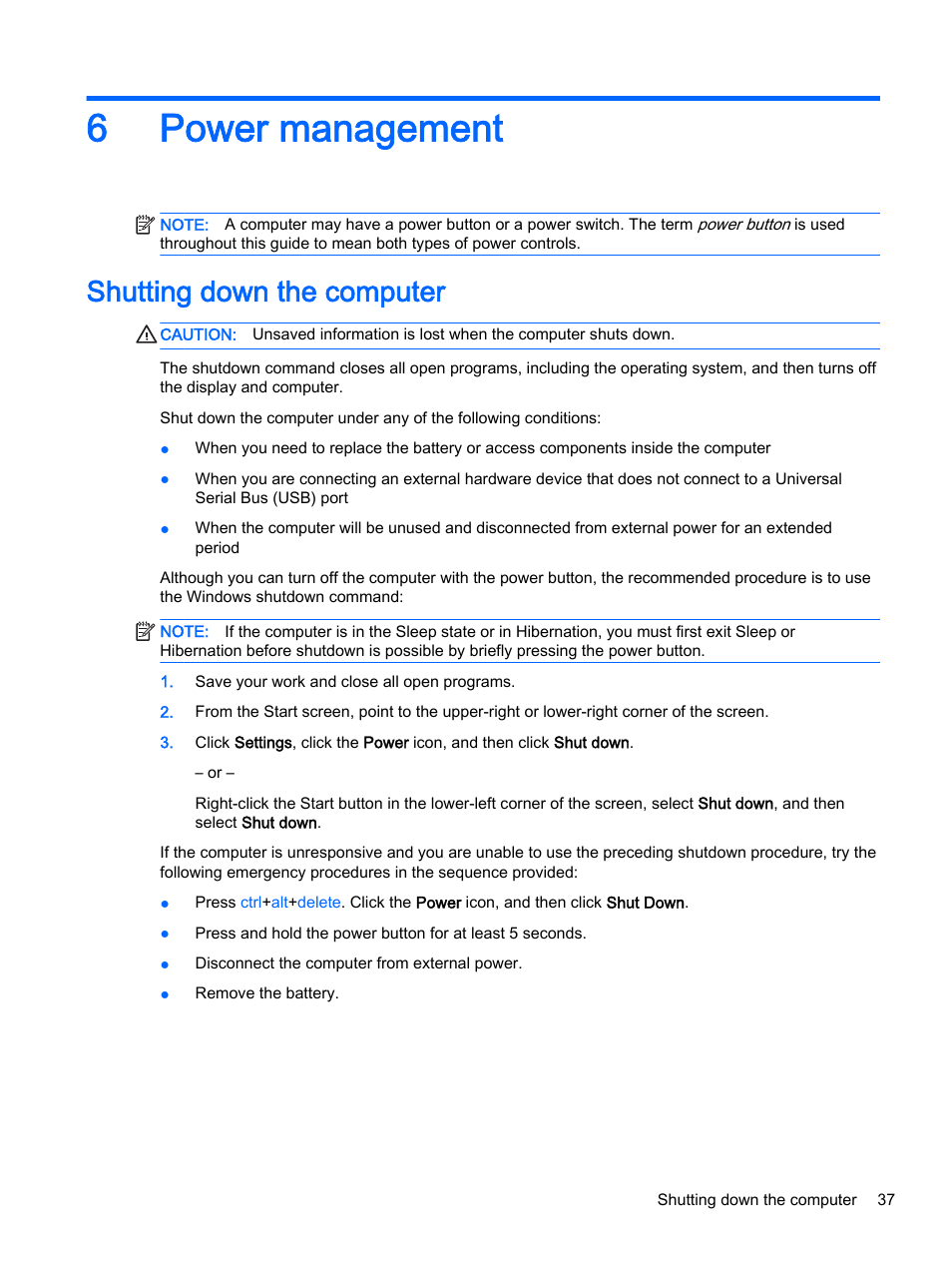 Power management, Shutting down the computer, 6 power management | 6power management | HP EliteBook 755 G2 Notebook PC User Manual | Page 47 / 106
