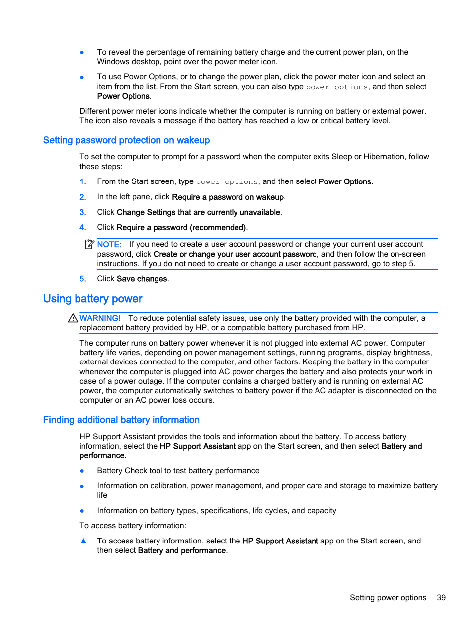 Setting password protection on wakeup, Using battery power, Finding additional battery information | HP EliteBook 755 G2 Notebook PC User Manual | Page 49 / 106