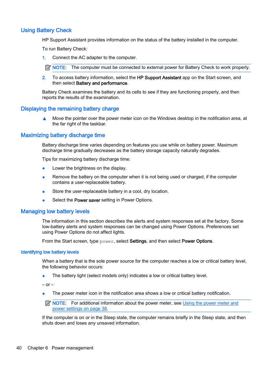 Using battery check, Displaying the remaining battery charge, Maximizing battery discharge time | Managing low battery levels, Identifying low battery levels | HP EliteBook 755 G2 Notebook PC User Manual | Page 50 / 106