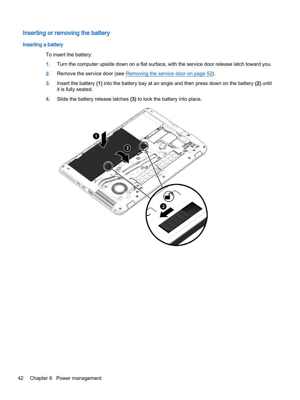 Inserting or removing the battery, Inserting a battery | HP EliteBook 755 G2 Notebook PC User Manual | Page 52 / 106
