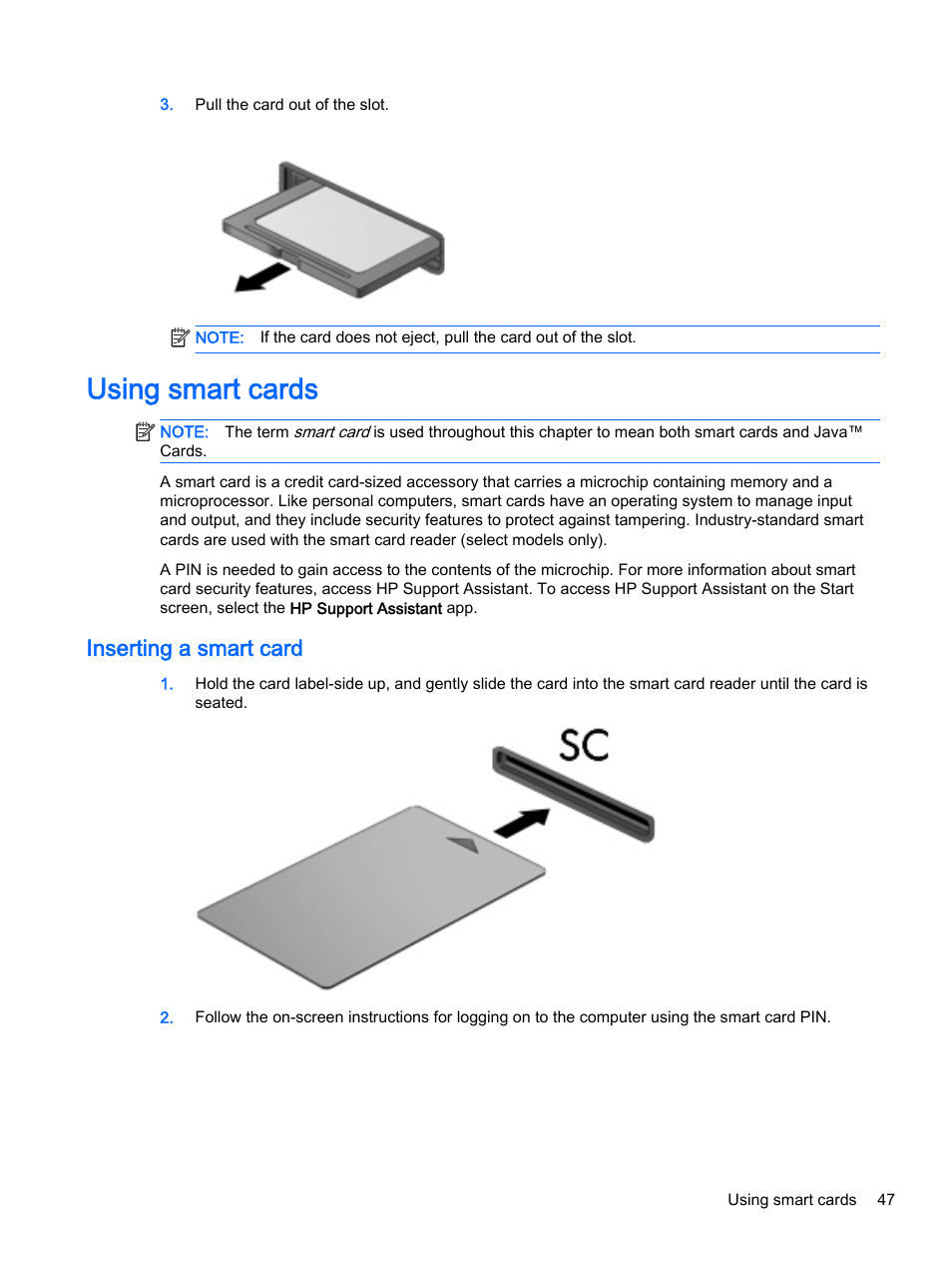 Using smart cards, Inserting a smart card | HP EliteBook 755 G2 Notebook PC User Manual | Page 57 / 106