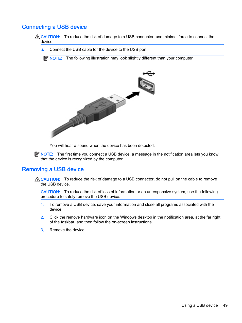 Connecting a usb device, Removing a usb device, Connecting a usb device removing a usb device | HP EliteBook 755 G2 Notebook PC User Manual | Page 59 / 106