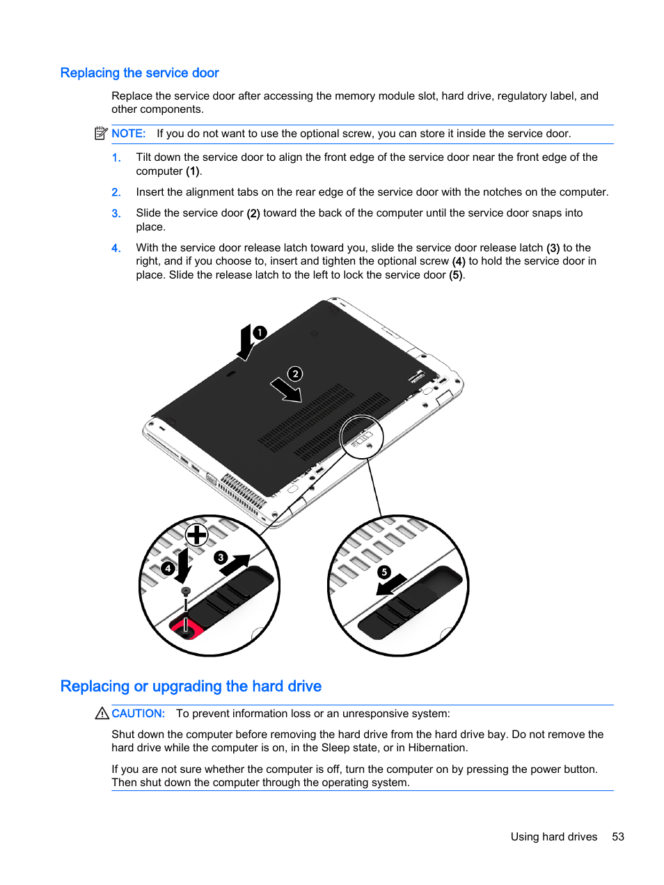 Replacing the service door, Replacing or upgrading the hard drive | HP EliteBook 755 G2 Notebook PC User Manual | Page 63 / 106