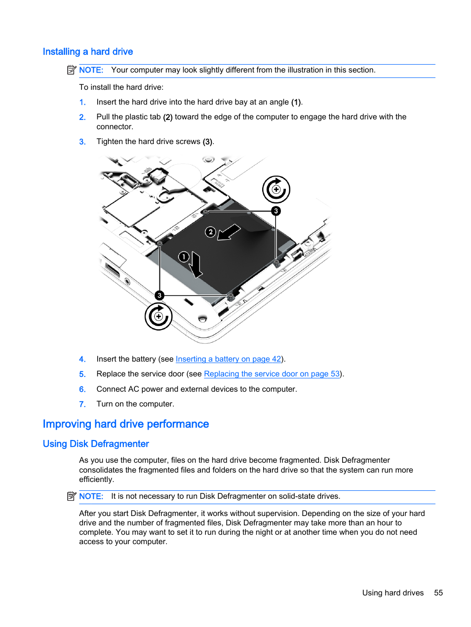 Installing a hard drive, Improving hard drive performance, Using disk defragmenter | HP EliteBook 755 G2 Notebook PC User Manual | Page 65 / 106