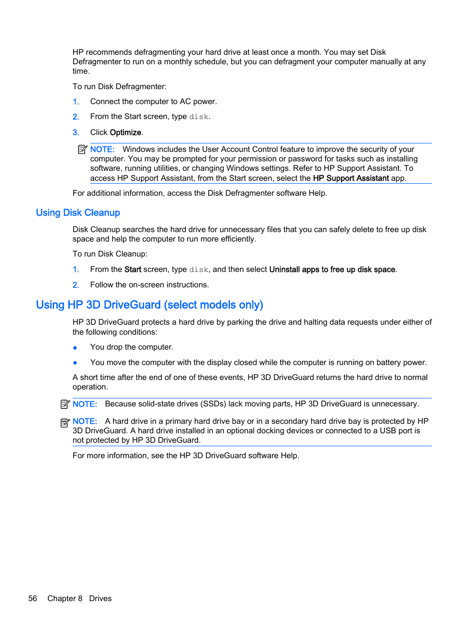 Using disk cleanup, Using hp 3d driveguard (select models only) | HP EliteBook 755 G2 Notebook PC User Manual | Page 66 / 106