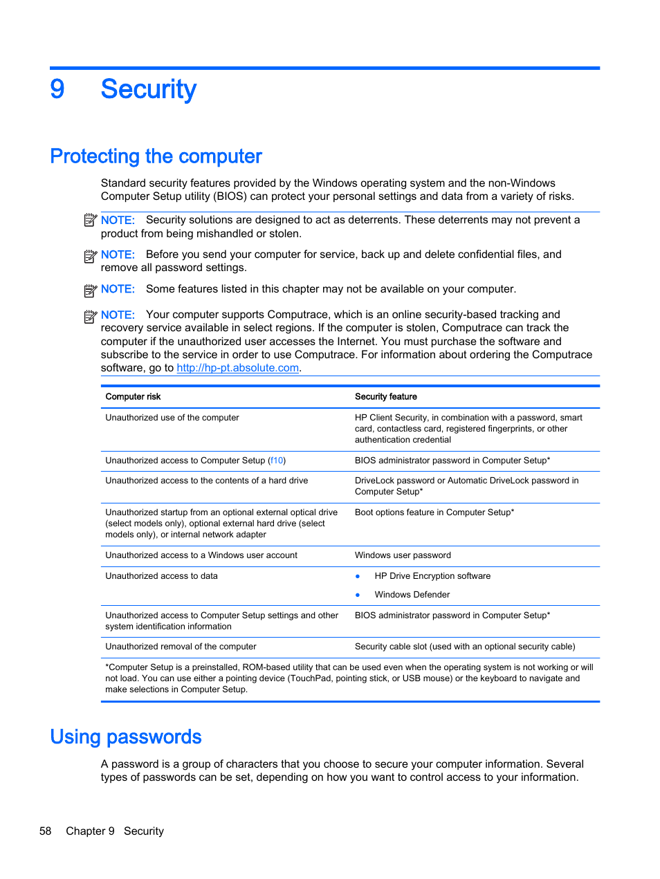 Security, Protecting the computer, Using passwords | 9 security, Protecting the computer using passwords, 9security | HP EliteBook 755 G2 Notebook PC User Manual | Page 68 / 106