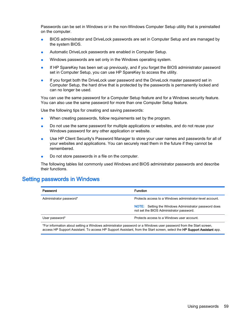 Setting passwords in windows | HP EliteBook 755 G2 Notebook PC User Manual | Page 69 / 106