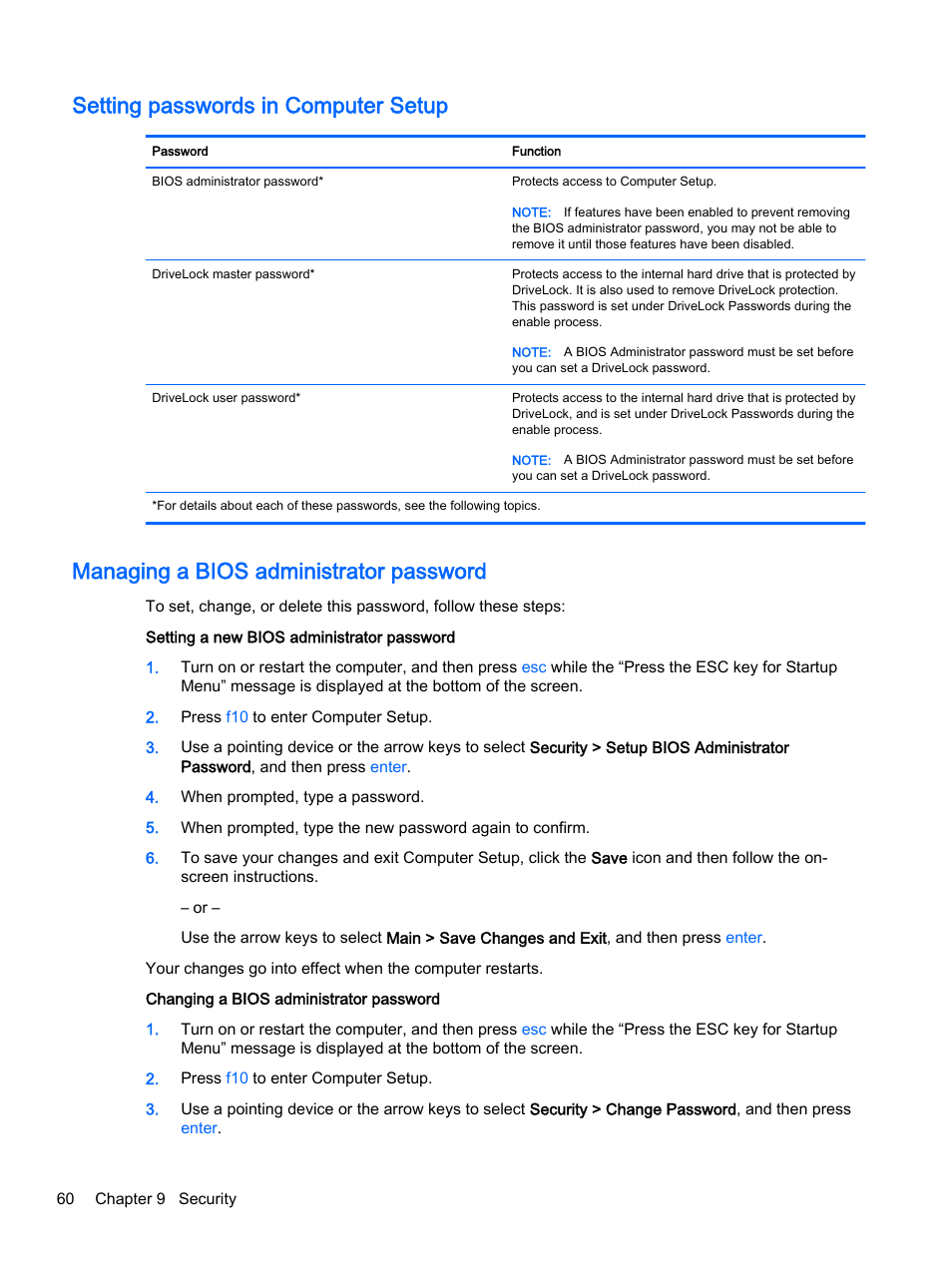 Setting passwords in computer setup, Managing a bios administrator password | HP EliteBook 755 G2 Notebook PC User Manual | Page 70 / 106