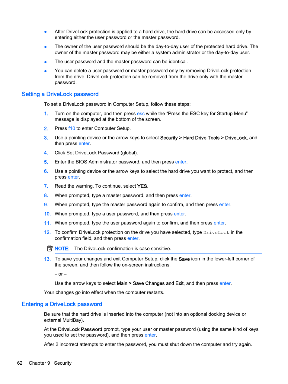 Setting a drivelock password, Entering a drivelock password | HP EliteBook 755 G2 Notebook PC User Manual | Page 72 / 106