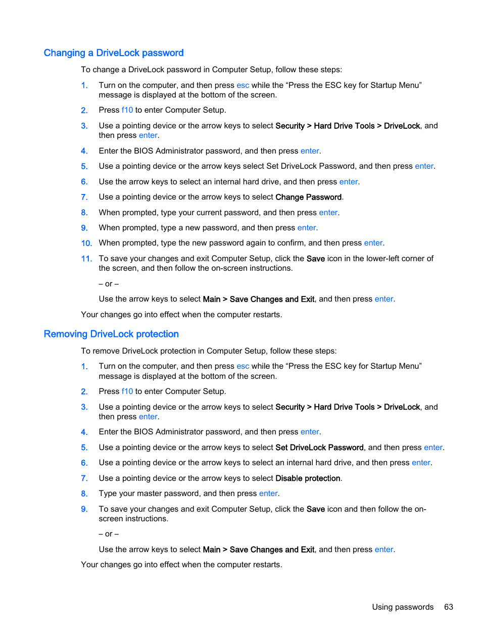 Changing a drivelock password, Removing drivelock protection | HP EliteBook 755 G2 Notebook PC User Manual | Page 73 / 106