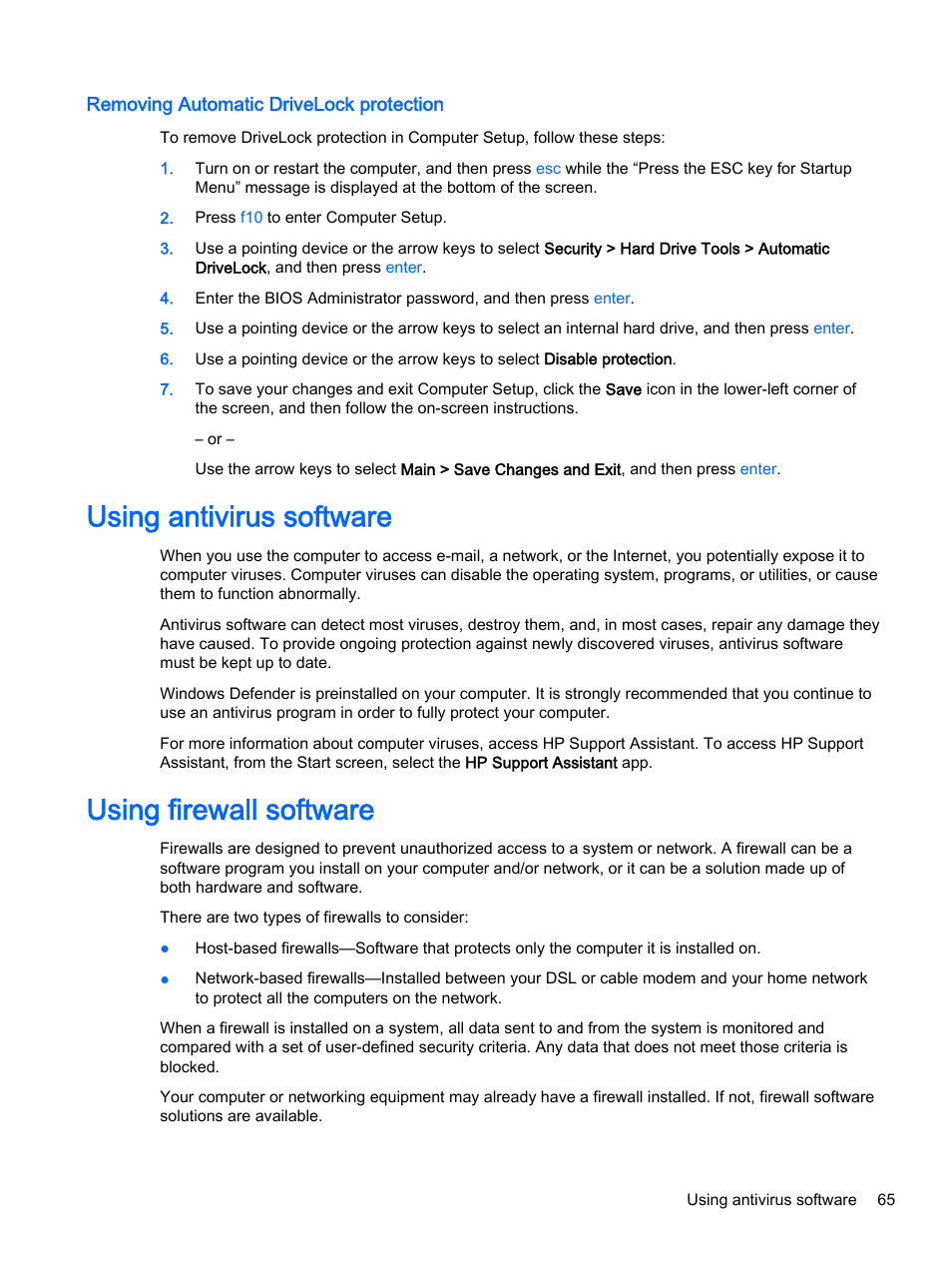 Removing automatic drivelock protection, Using antivirus software, Using firewall software | Using antivirus software using firewall software | HP EliteBook 755 G2 Notebook PC User Manual | Page 75 / 106