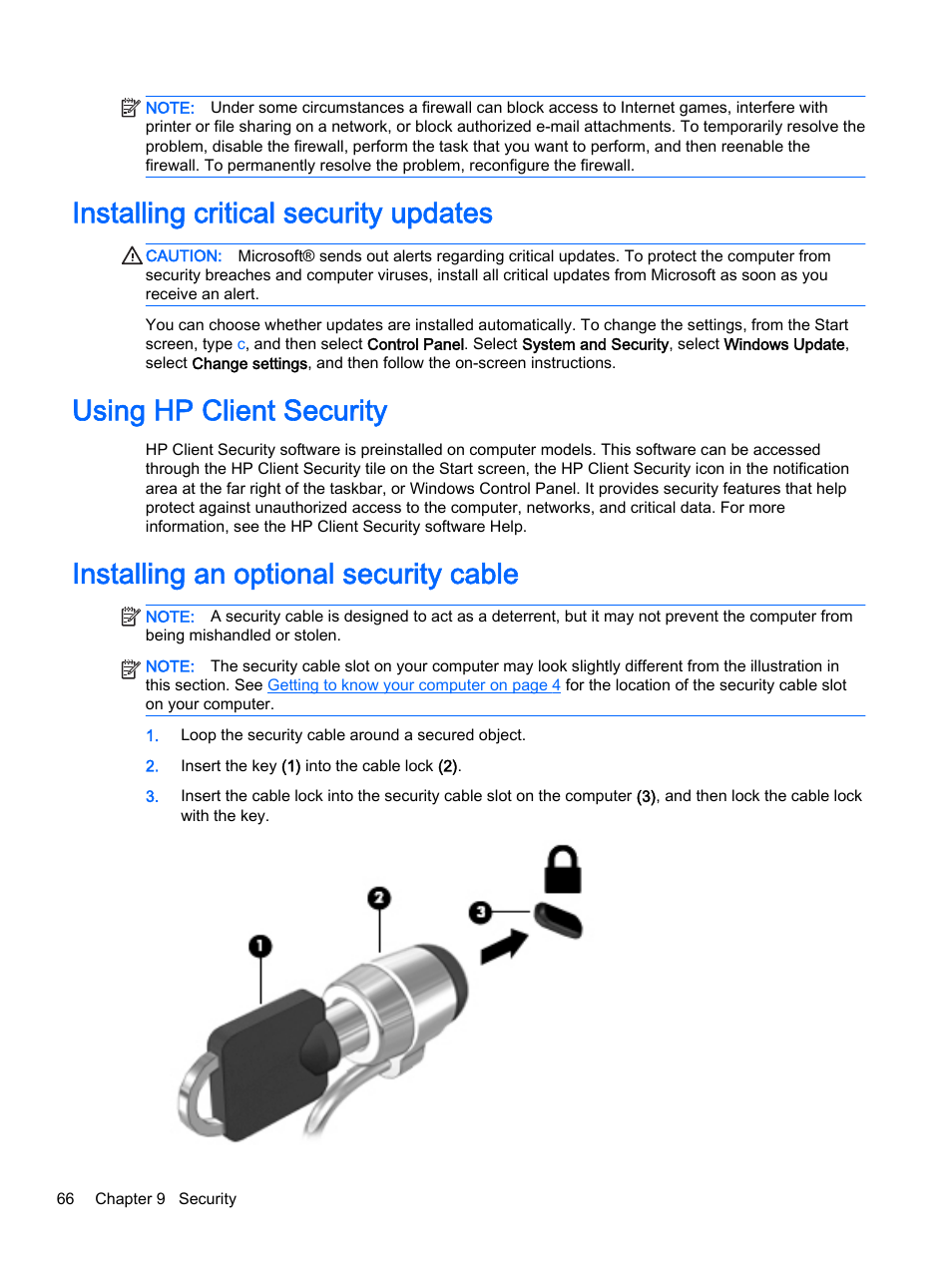 Installing critical security updates, Using hp client security, Installing an optional security cable | HP EliteBook 755 G2 Notebook PC User Manual | Page 76 / 106