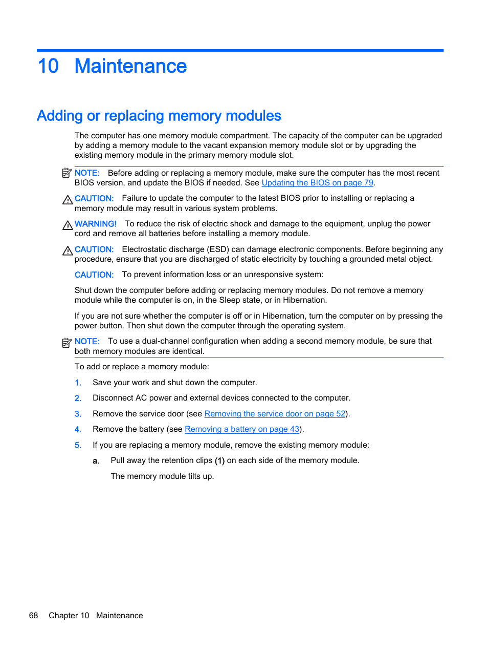 Maintenance, Adding or replacing memory modules, 10 maintenance | HP EliteBook 755 G2 Notebook PC User Manual | Page 78 / 106